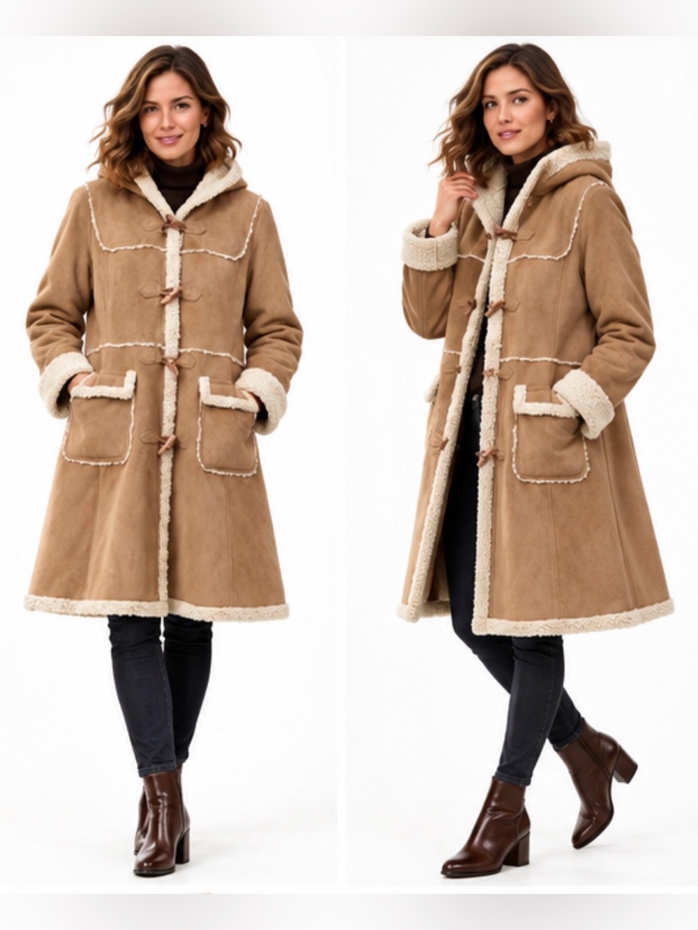Jones New York Vintage Y2K Faux Suede Shearling Hooded Toggle Coat SZ M